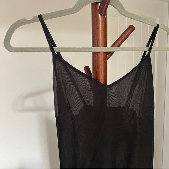 OASAP Black Chiffon Spaghetti Strap V-Neck Slit Sheer Panel Maxi A-Line Dress - Picture 3 of 9